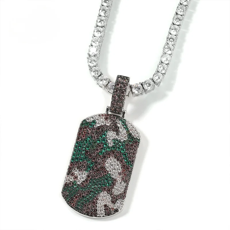 Hip Hop Iced Out camouflage dog tag pendant for Men Stainless Steel Waterproof Sweat Resistant Bling Necklace Jewelry gift