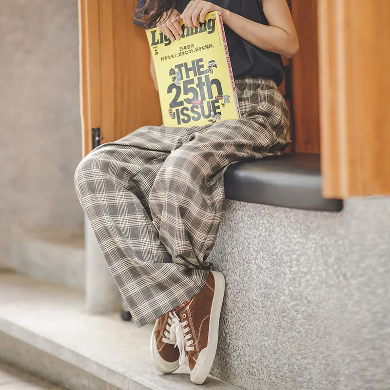 Maden-Pantalon Vintage à Carreaux Décontracté pour Femme, Baggy Droit, Taille Haute, artificiel astique, Mode Coréenne, Été, Jambes Larges