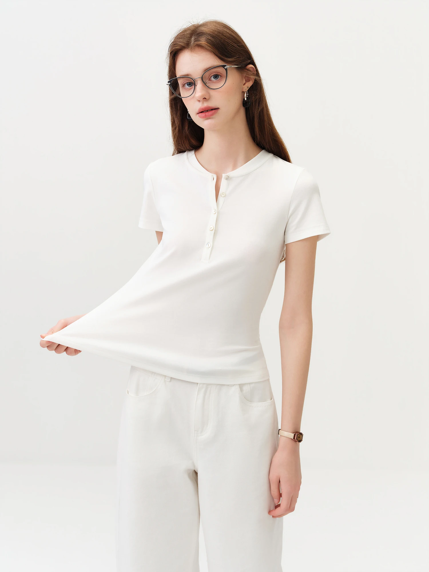 FSLE New Summer Women's Fitted Short Sleeve White T-Shirt with Buttons Soft Cotton Lyocell Office Commute Daily Versatile Top image 3