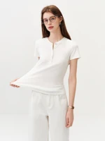 FSLE New Summer Women's Fitted Short Sleeve White T-Shirt with Buttons Soft Cotton Lyocell Office Commute Daily Versatile Top - Image 3