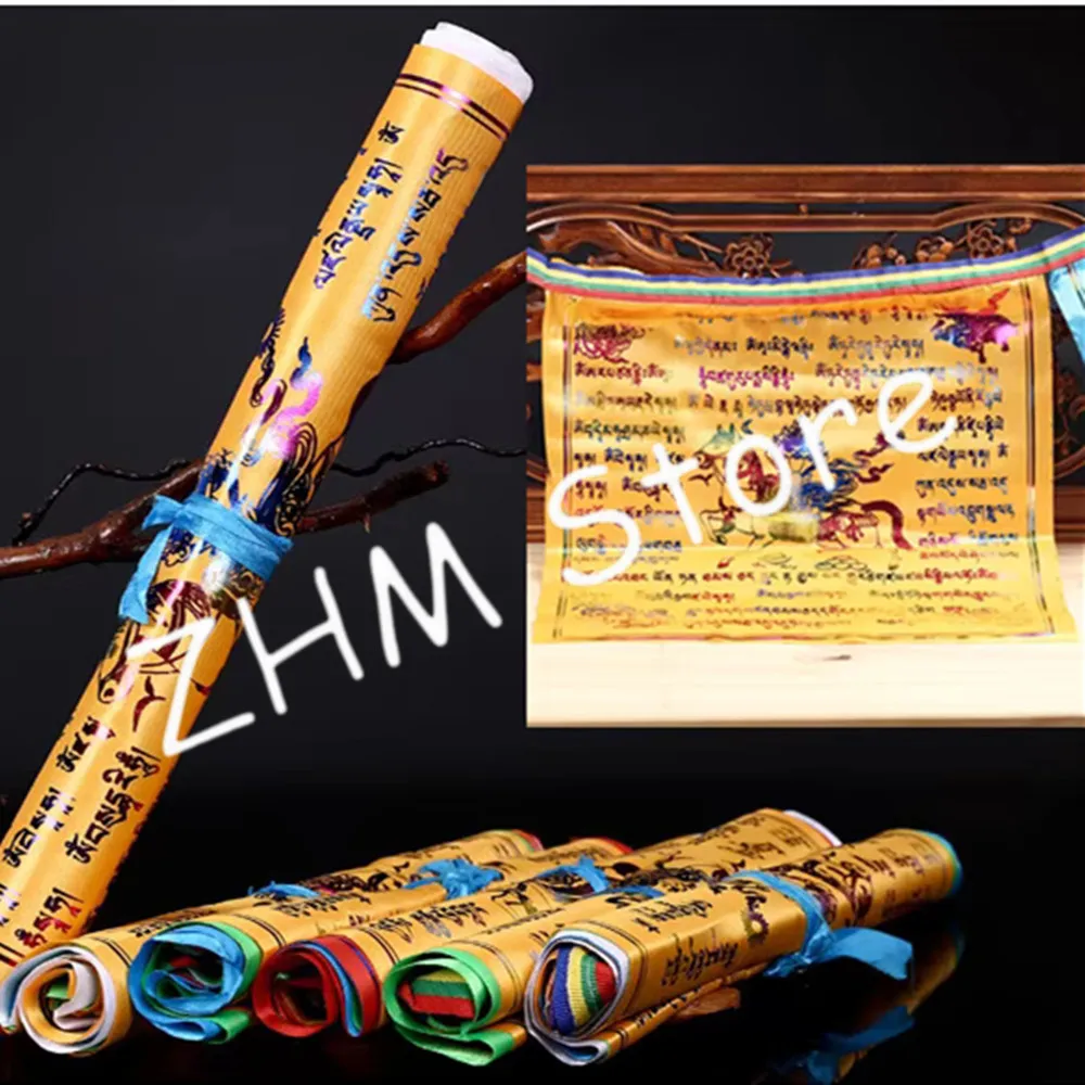New Tibetan Buddhist 5 Elements Gold Printed Wind Horse Prayer Flags,3.5M Silk Cloth Longda Hanging Decorate Streamer Flags