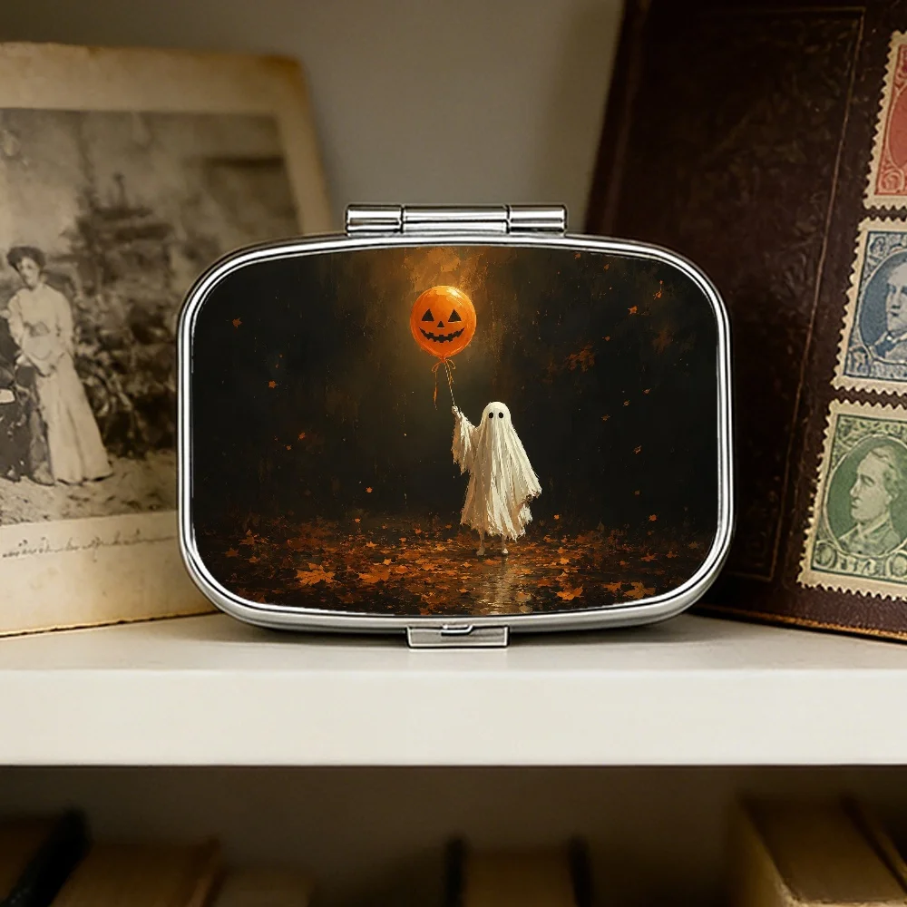 Personal Pill Organizer Box, Ghost Balloon Halloween Pill Box, Quirky Retro Gothic Mini Medicine Organizer, Portable Double-Slot Mirror Box, Travel Accessory, Gift for Women, Men, Halloween Trick-Or-Treaters