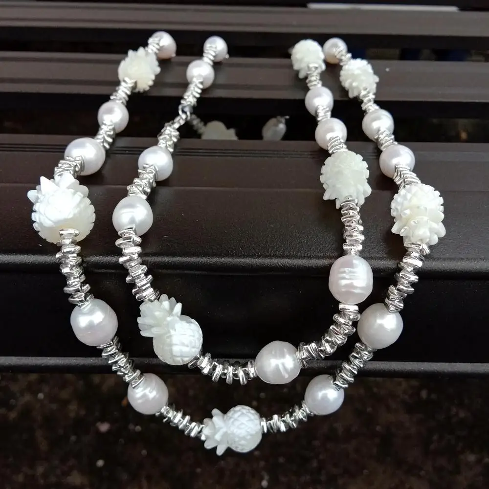 

Y·YING Cultured White Rice Pearl White Shell Carved Pineapple Bead Long Necklace Jewelry Gifts