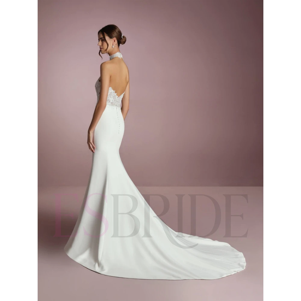 ESBRIDE Elegante abito da sposa civile bianco con collo alto e spacco Abito da sposa senza maniche senza schienale Abiti da sposa di lusso personalizzati