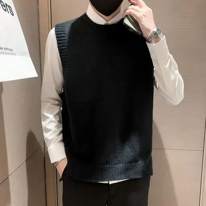 Rompi sweater rajut tanpa lengan Crewneck untuk pria rompi kerah bulat pakaian bisnis pria hijau estetika menyenangkan Meme Sheap A S