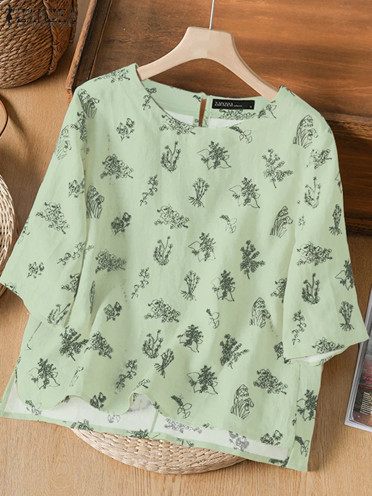 

ZANZEA Women Elegant Floral Print Blouses Summer Casual O-Neck 3/4 Sleeve High-Low Blusas Mujer Vintage Fashion Chemise Femme