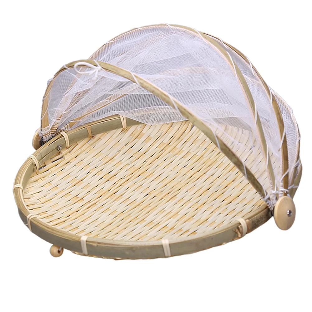 

Bamboo Gauze Basket H made Bread Cover Dustproof Picnic Veggie Tray Lid Khaki Woven Holder Storage Display Fruit Vegetable Food