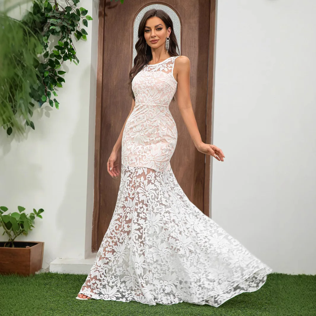 Ele encaje ahueca hacia fuera el verano nuevo Sle boda Dr falda larga Sexy Fi Tail Svel vestido de tela de seda de cintura alta