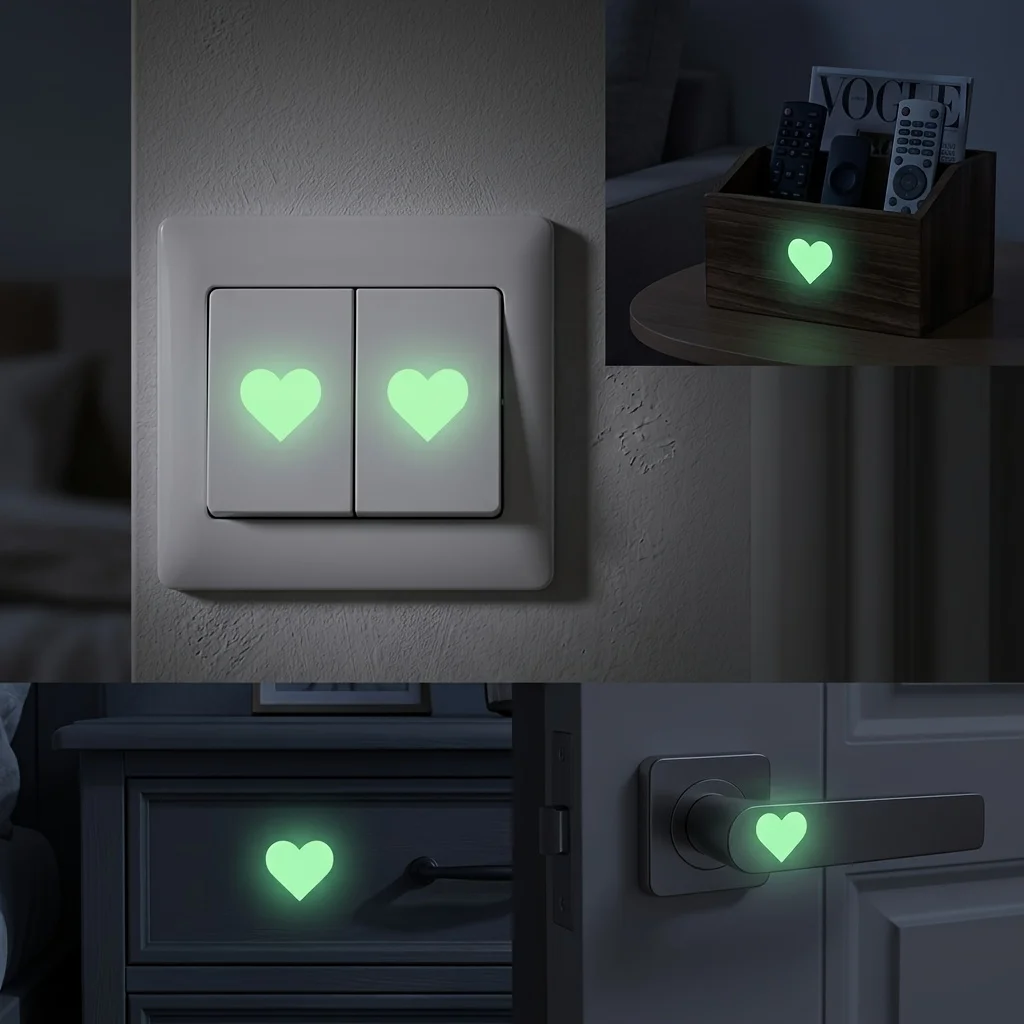 2cm Heart Luminous Stickers 20Pcs Per Sheet, Glow In Dark Self-Adhesive Markers for Switches & Remote Controls