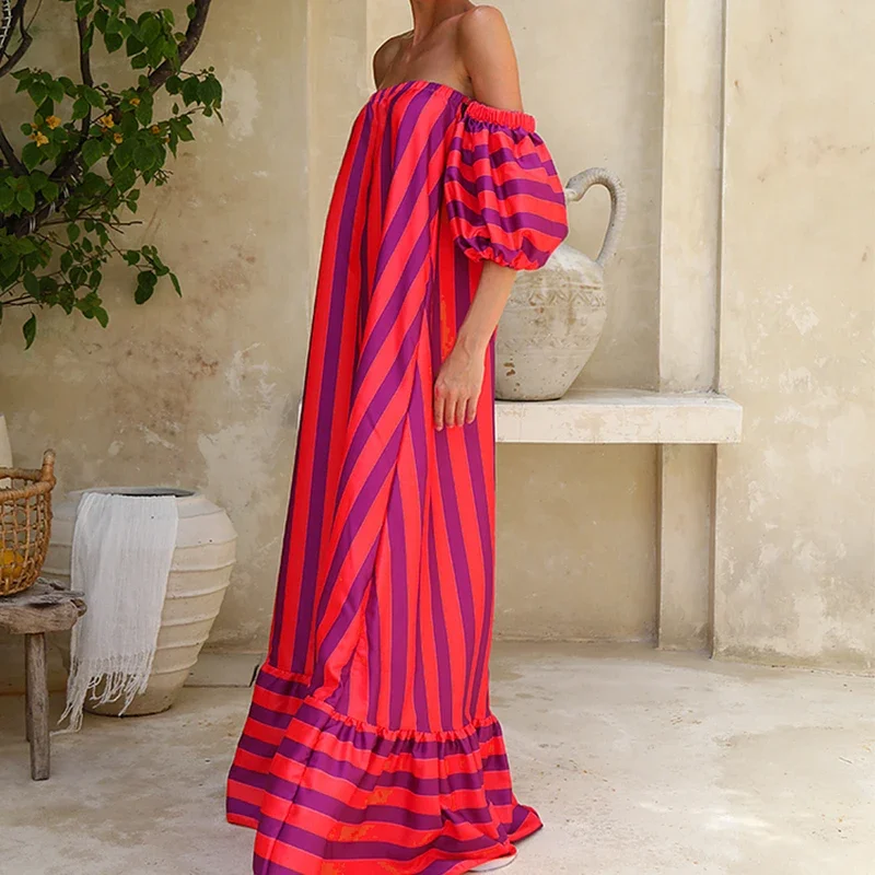 Nieuwe stijl gestreepte maxi-jurk 2025, populaire damesmouwen, oversized rok, oranje gestreepte strandvakantiejurk