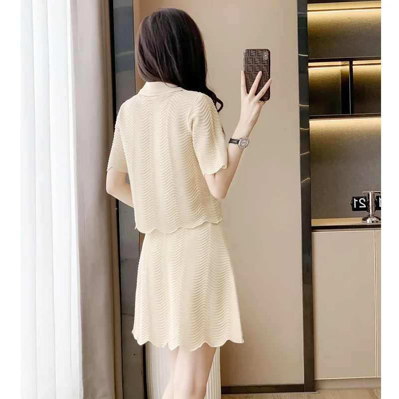 

Fashionable casual suit, women's short sleeved hollowed out ice silk knit two-piece suit dress, 2024 summer new style