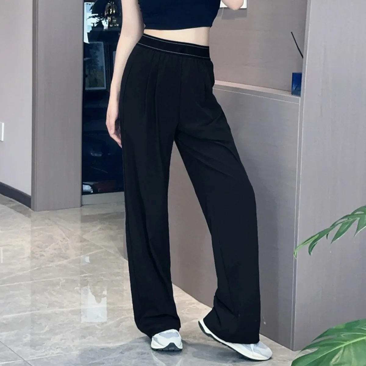 Neue elastische hohe Taille Casual Sporthose einfarbig amerikanischen Stil Hosen 2026 Mode High Street Sommer gerade Hose