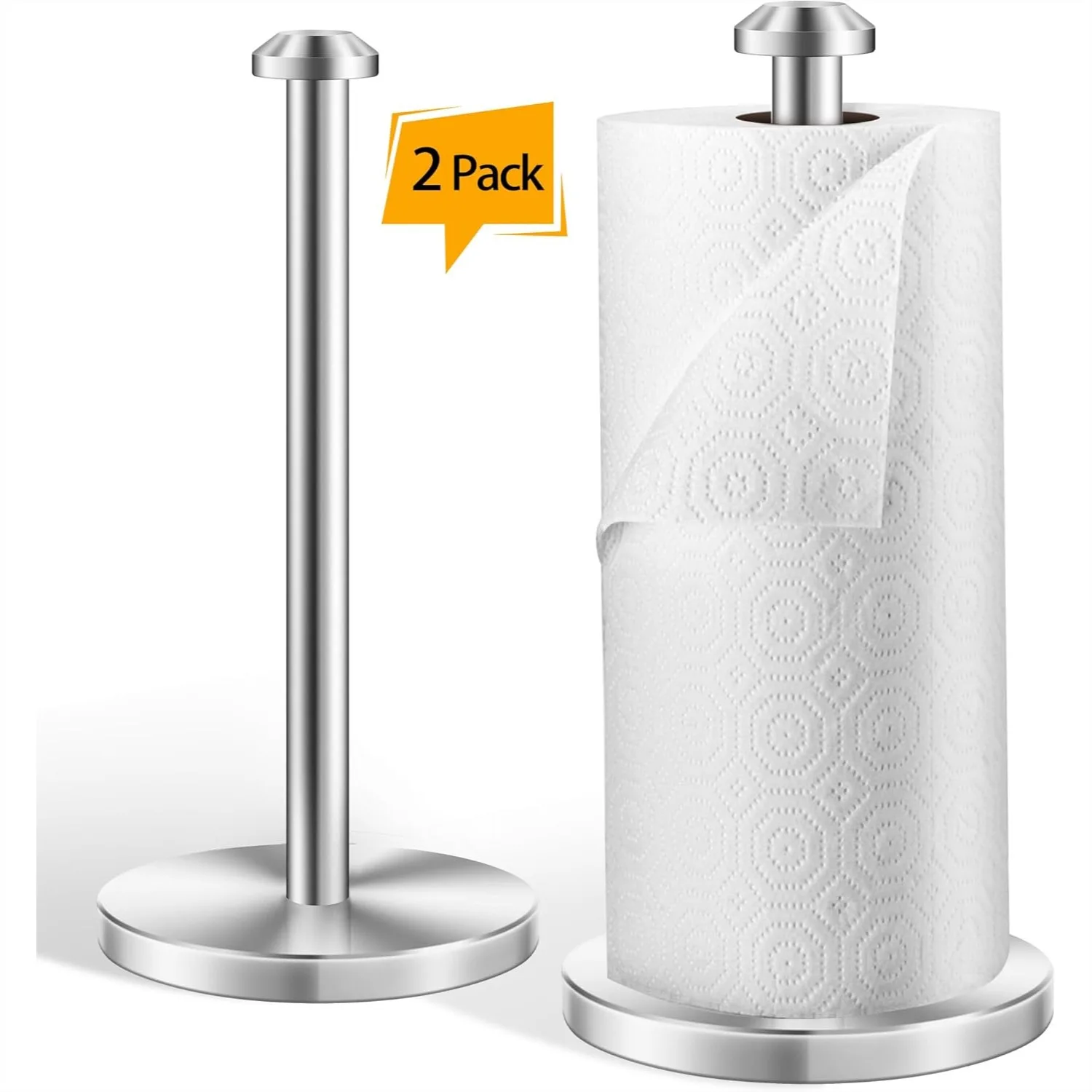 

Stainless Steel Weighted Paper Towel Holder Countertop, 2 Pack, Silver Vertical Kitchen Bathroom Stand with Non-Slip Base,