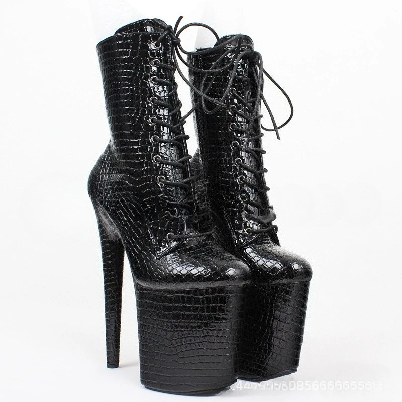 20cm Women's High Heel Boots - Snake Pattern Stiletto Pole Dance Shoes for Nightclub Stage Show Extreme Height Sexy Short Boots