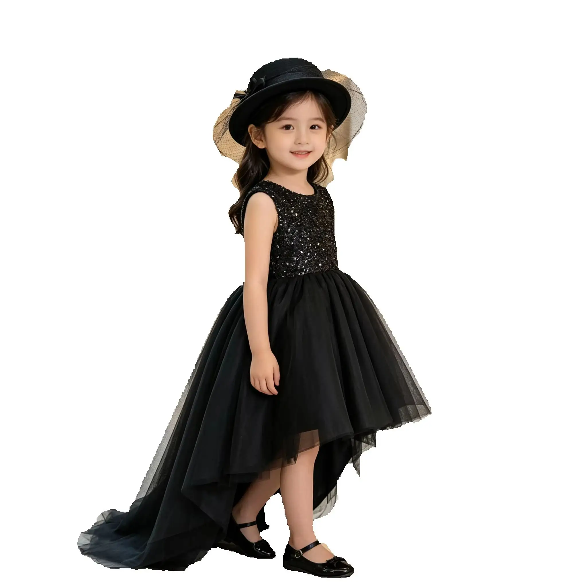 Girls Host Runway Gown Costume New  Performance Kids Sequin Formal Pageant Dress VestidoChildren Black High Low Elegant Violin