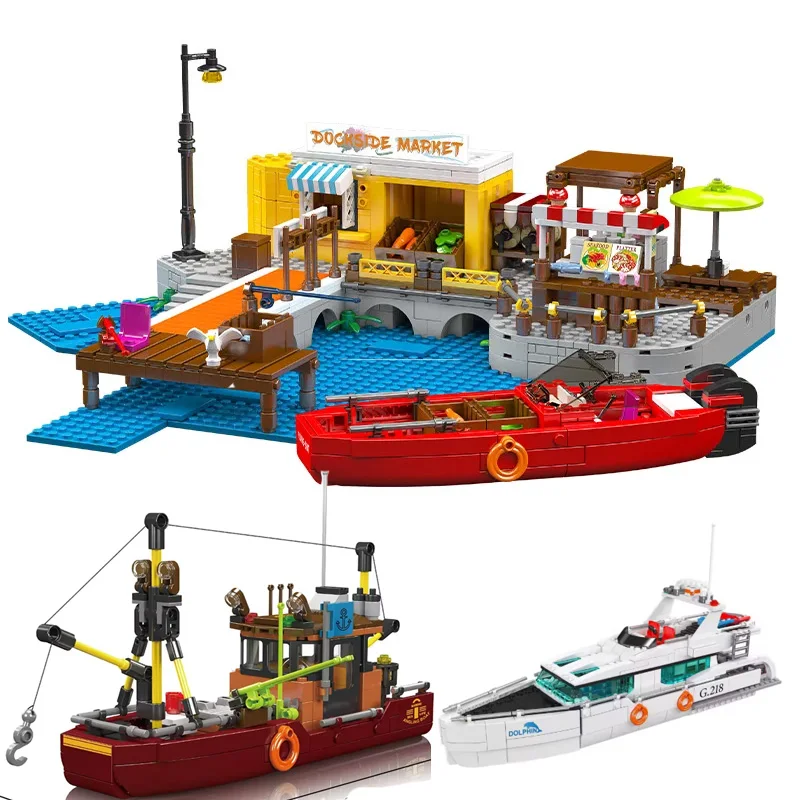 

Dock Market Shop Fishing Boat Model Building Blocks 10186/10218/10144 Assembly Yacht/Garbage Disposal Ship MOC Bricks Kids Toys