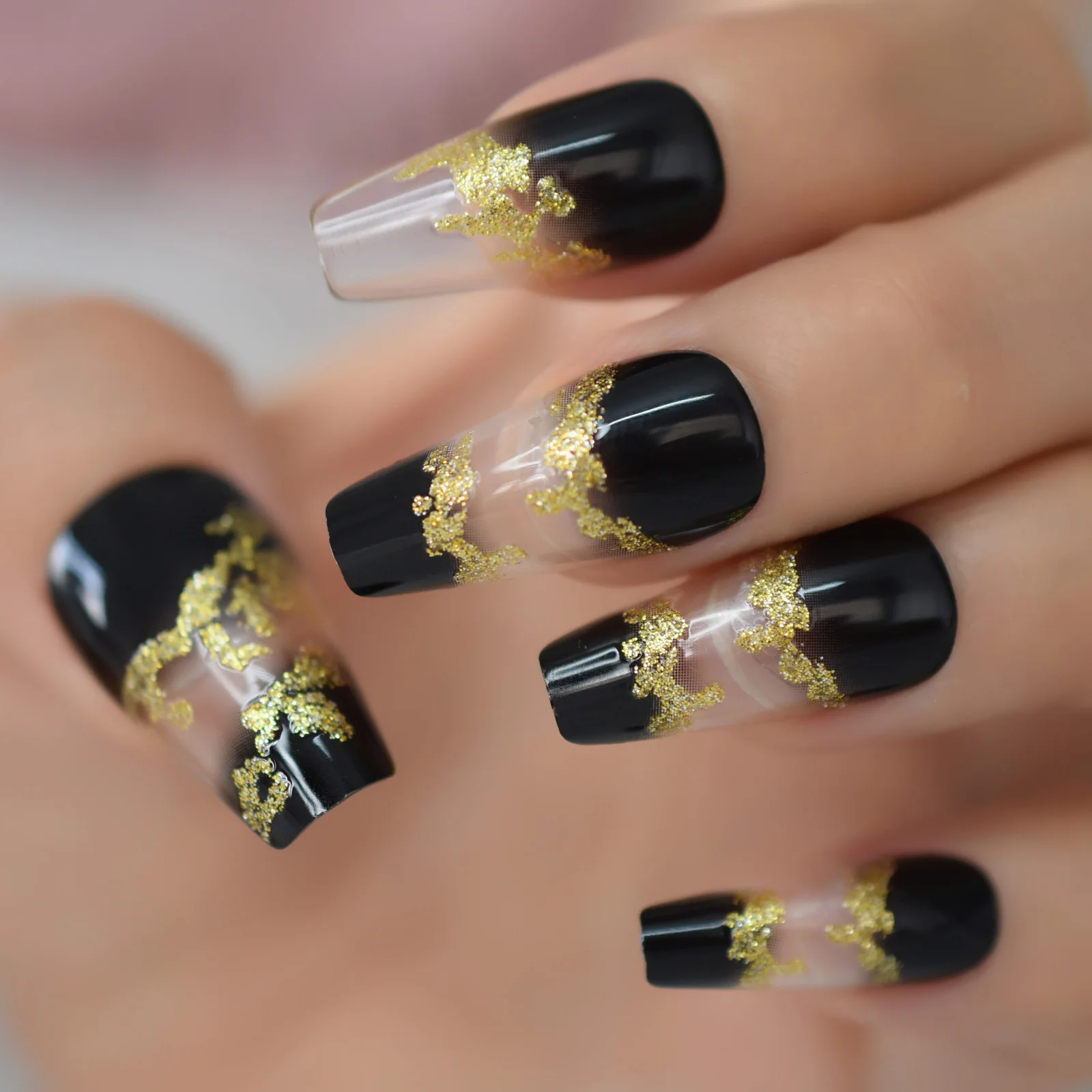 Glanzend Goud Glitter Ombre Zwart Helder Franse Ballerina Doodskist Druk op Valse Nagel Gradiënt Ballet Nep Nagels Tips voor Vrouwen Meisje