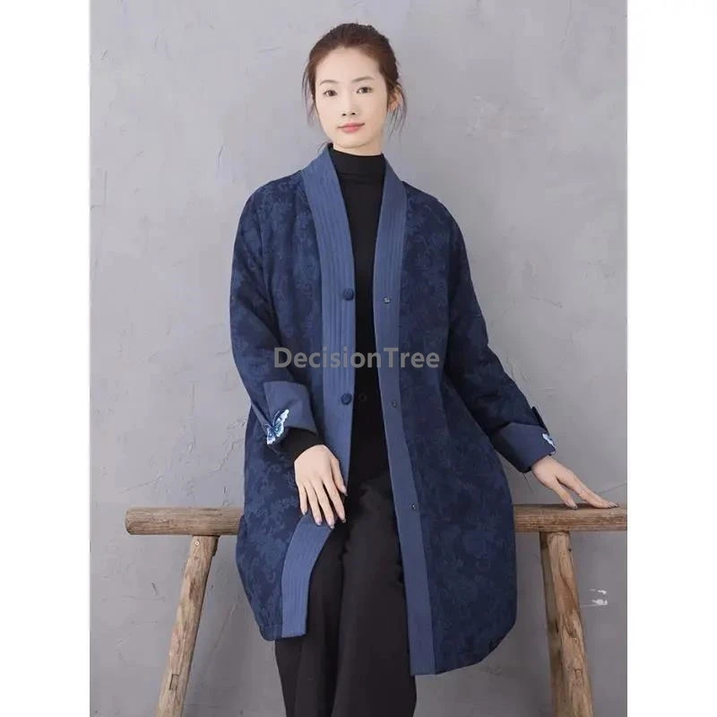 

2025 улучшенное длинное пальто с вышивкой ханьфу, свободное стеганое пальто большого размера из плотного хлопка и льна, зимняя одежда в китайском этническом стиле