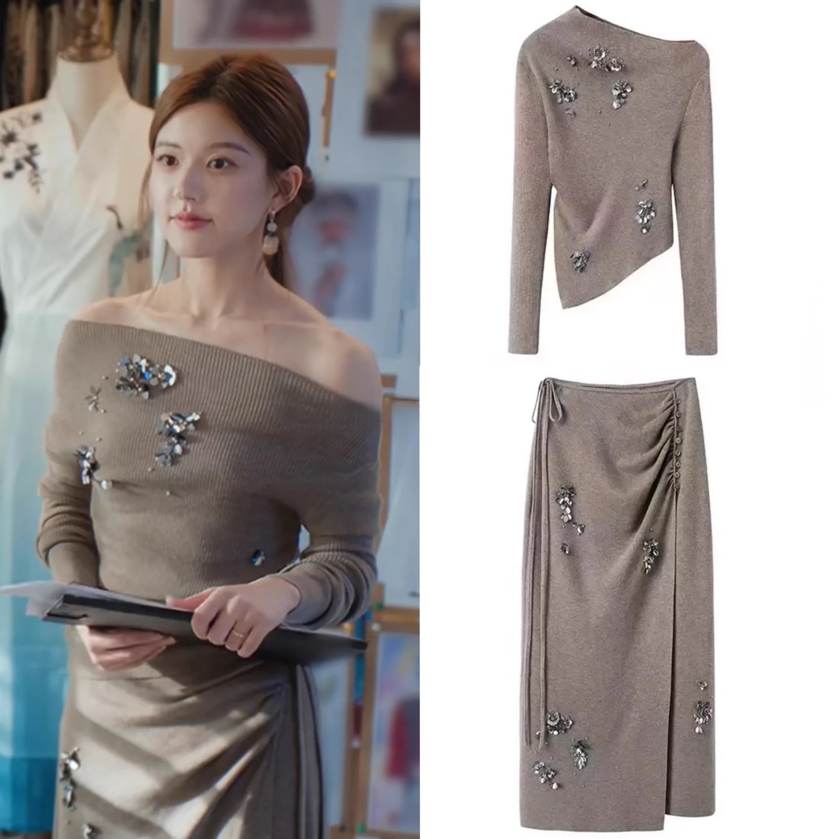 

Stunning Shiny One-Shoulder Slim Fit Knitted Top with Slit High Waist Long Skirt Ensemble Women's Casual Sportswear Set