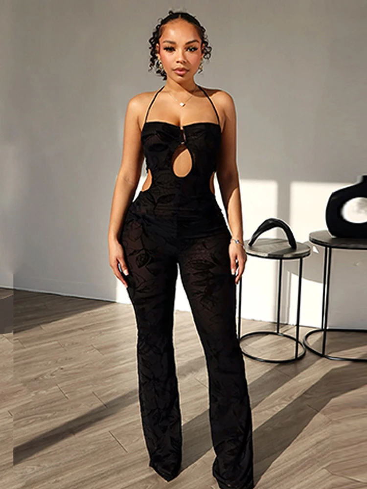 

Sibybo Sexy Halter Backless Skinny Hollow Out Jumpsuit Basics Causal Solid Color Gauze Trousers 2024 Summer Women Streetwear