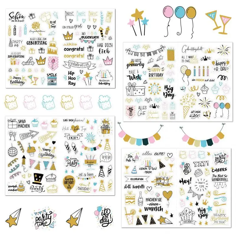 225pcs/4 sheets Clear Happy Birthday Stickers Birthday Party Gifts Cards Scrapbook Notebook Birthday Supplies Decoration Sticker