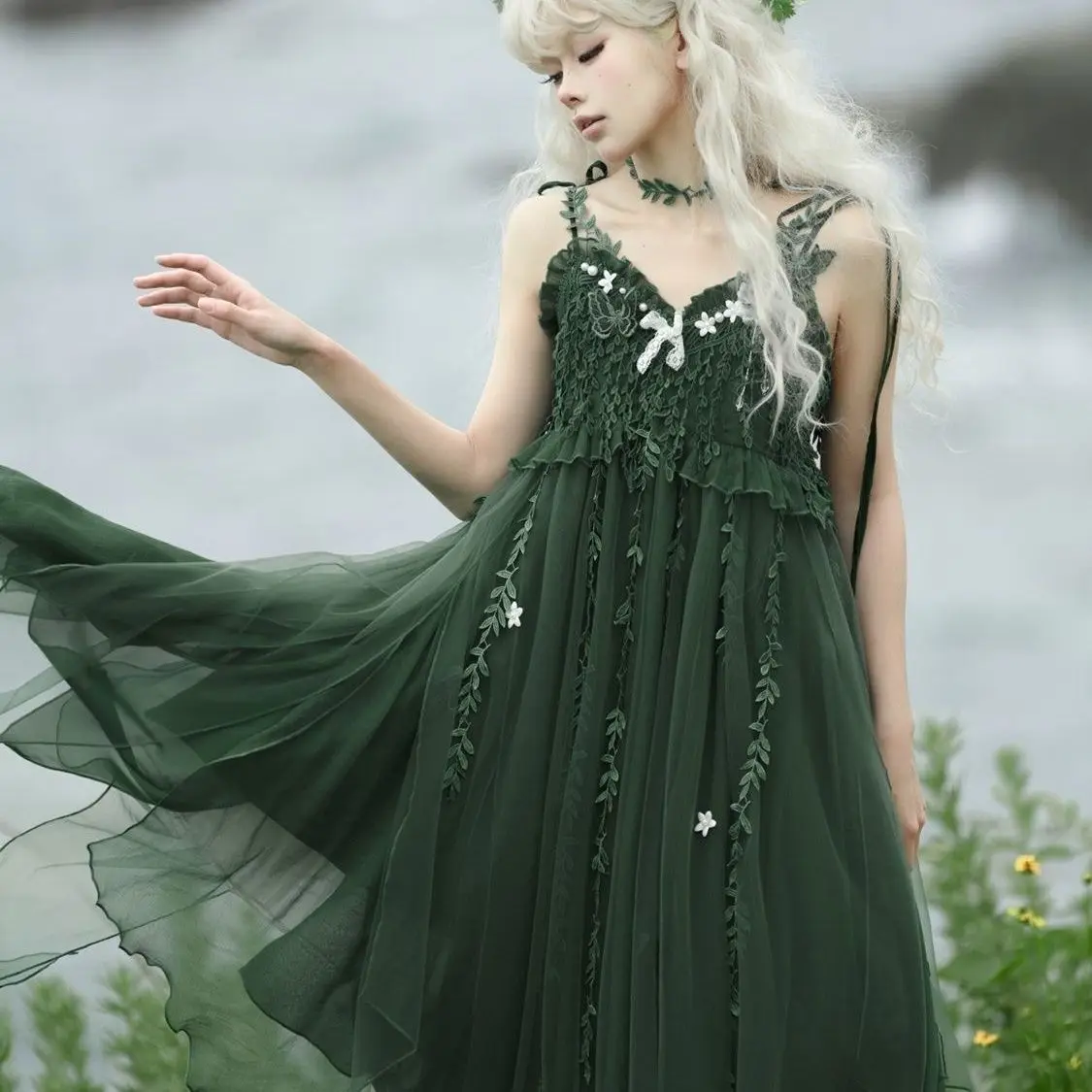 Moss New Chinese Elements Summer Temperament Elegant Antique Slip Dress Lo Leaf Nechlace Choker Green Forest Elf