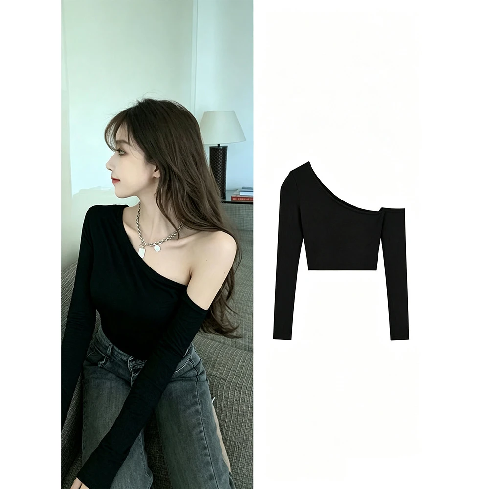 Cropped Long Sleeve For Top for Women with Asymmetric Shoulder Detail and Solid Color Finish for Functional Casual Layering
