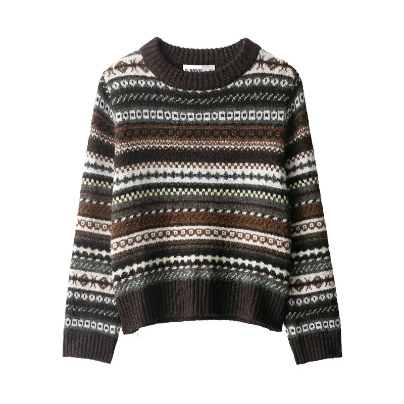 Autunno O-Collo modello jacquard manica lunga sottile maglione corto lavorato a maglia moda donna pullover top femminile casual abbigliamento caldo 2025