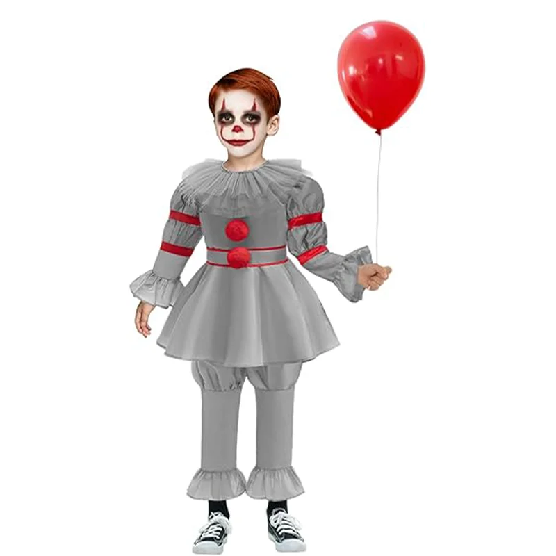 Kids Scary Joker Pennywise Cosplay Costume Horror Ghost Movie It Puff Sleeve Tulle Collar Top With Pants For Halloween Carnival