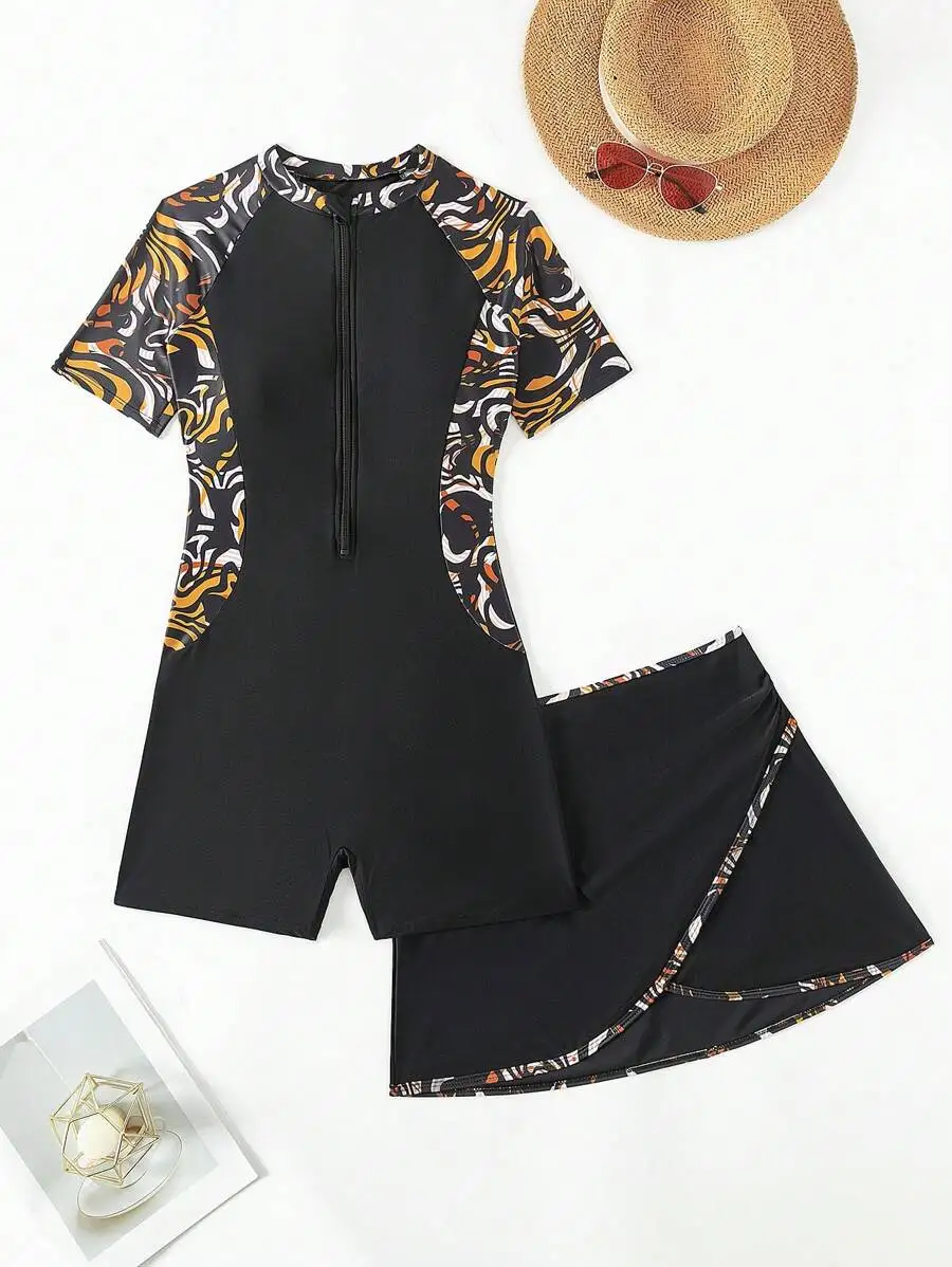 

Womens Black Swimsuit With Abstract Print Raglan Sleeve Zip Front One Piece
