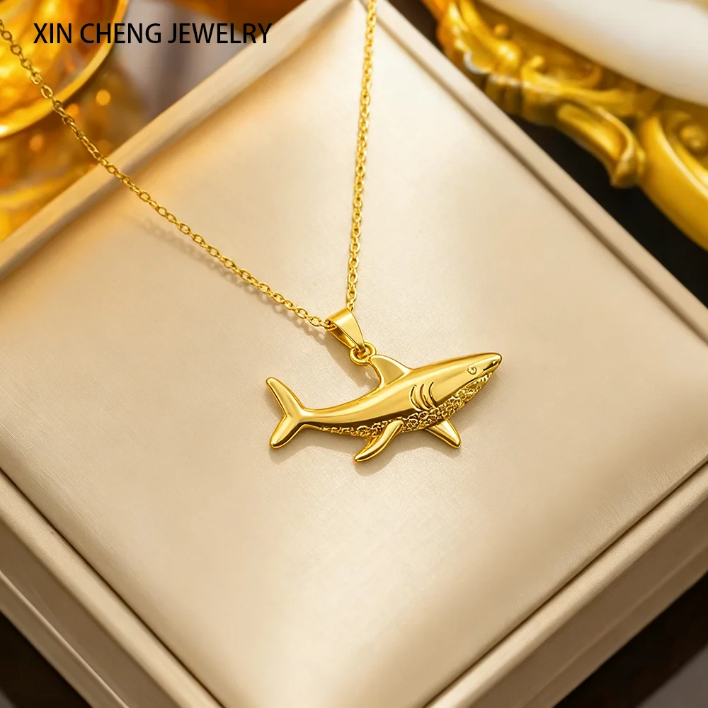 

18k gold plated jewelry stainless steel shark charm necklace women ocean animal necklace pendant daily jewelry Gift