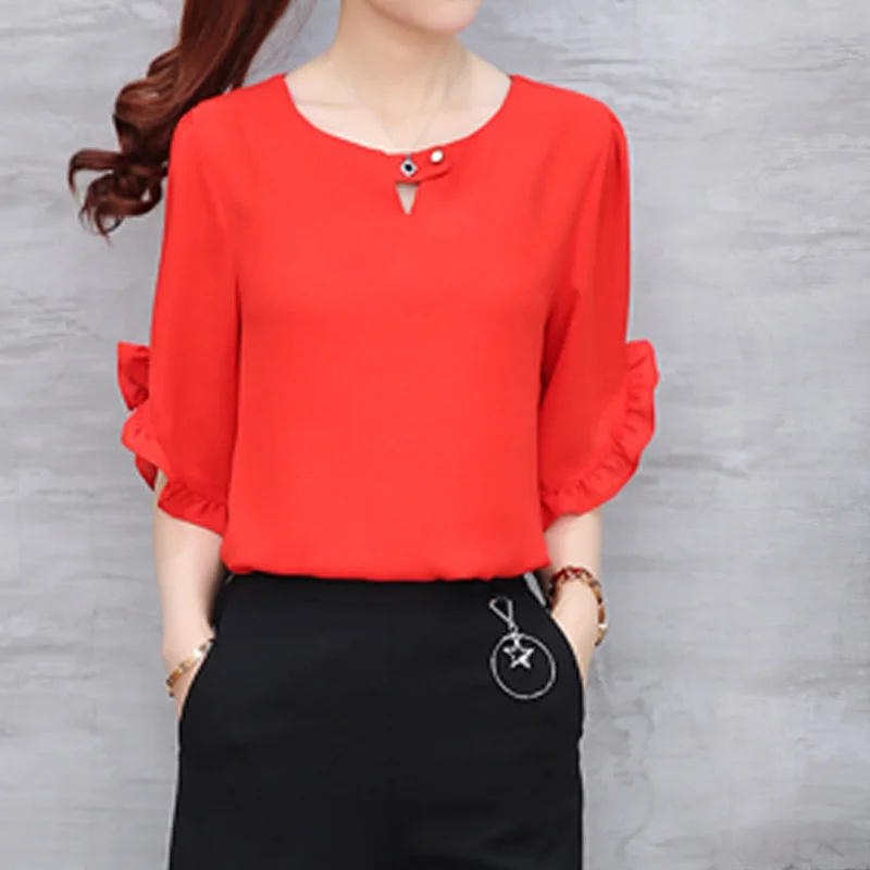 O-Neck Chiffon Ruffles Blouse Summer New Solid Color Short Sleeve All-match Thin Office Shirt Tops Elegant Fashion Women Clothes