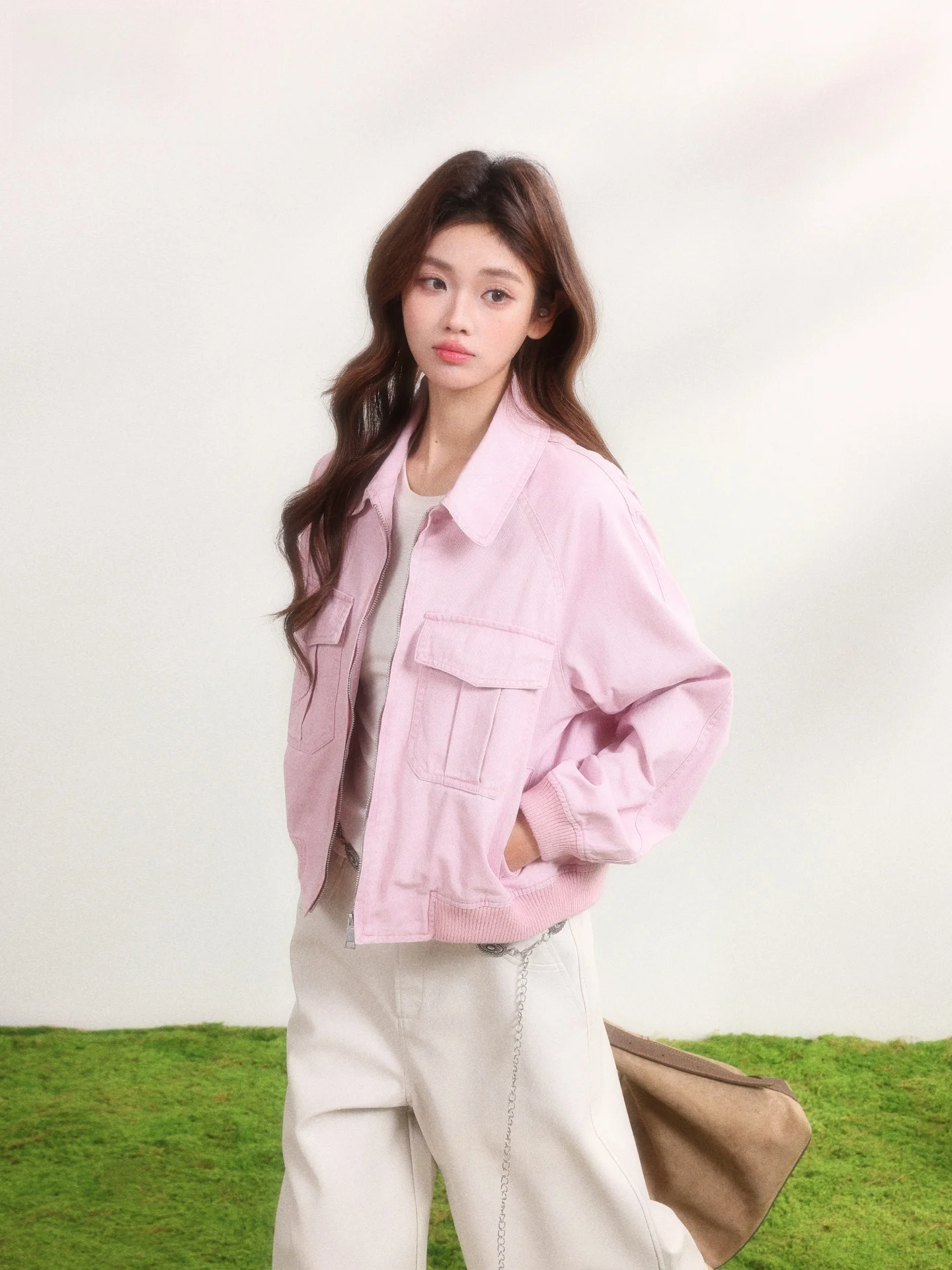 

Casual Loose Style Pink Short Jacket Women's Fashion Design Summer Slimming Top Comfortable Cotton Long Sleeve Stand Collar