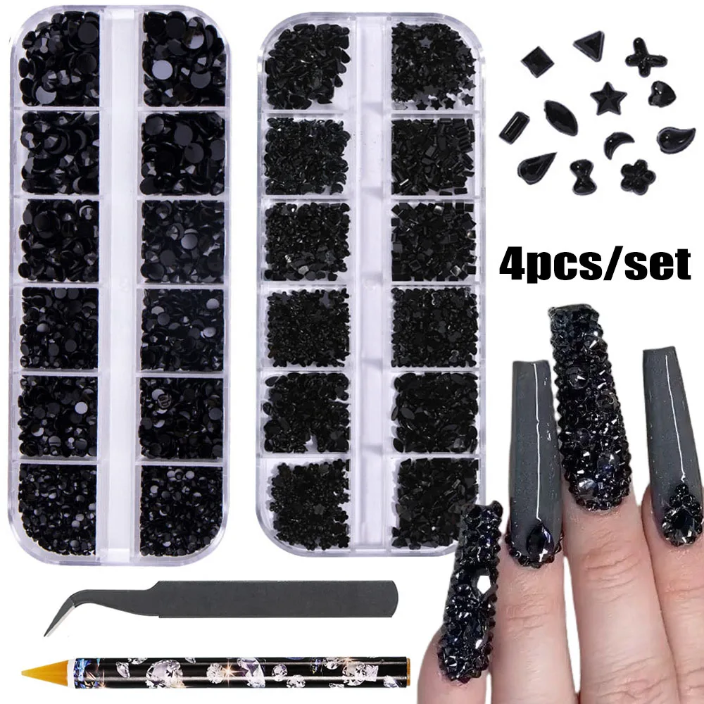4 unids/set de dijes de uñas de diamantes de imitación negros, cuentas irregulares/redondas de fondo plano, gemas de vidrio, diamantes para uñas, lápiz de cera + pinzas, manualidades DIY