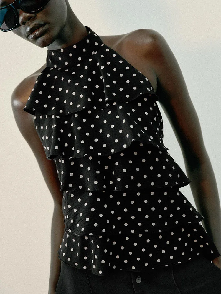 New Autumn Women's Backless Polka Dot Decorative Hanging Neckline Top Fashionable Versatile Polyester Fiber Cloud Shoulder
