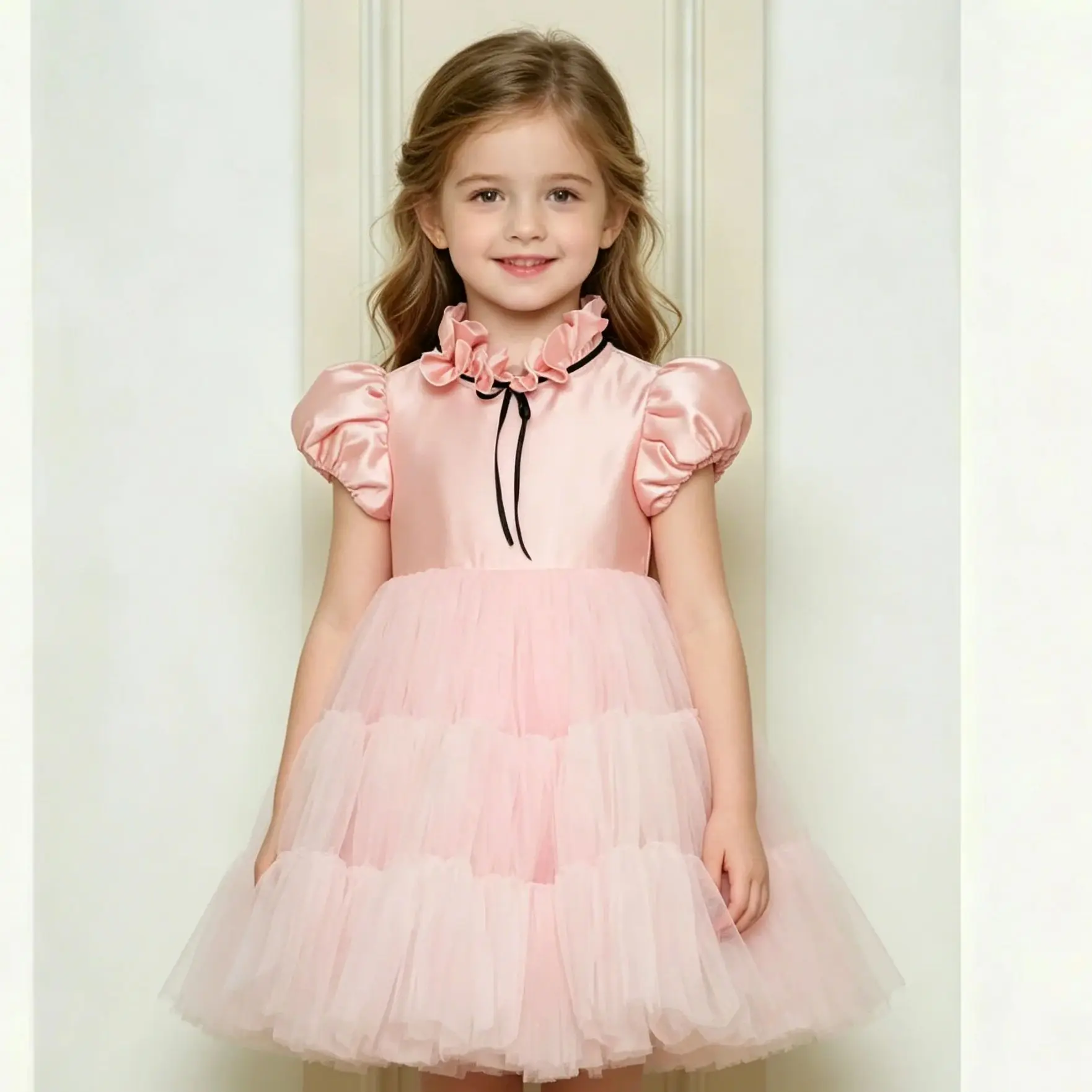 

Princess Pink Flower Girl Dress For Wedding High Neck Satin and Tulle Kids Birthday Party First Communion Gown Custom