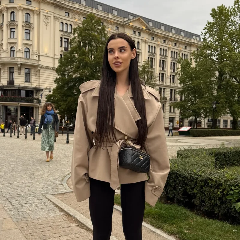 Damen-Windbreaker mit Schnürung, schickes Reverskragen, lange Ärmel, breite Schulter, kurze Mäntel, 2025, Herbst, elegante Pendel- und Alltagsjacke – Detail 28