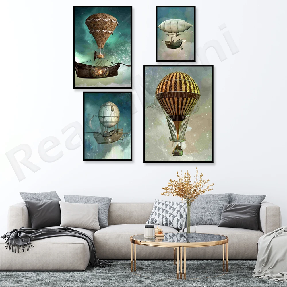 Impressão de pôster de arte de balão de ar quente de fantasia mágica, pôster de arte de parede de estilo de fantasia vitoriana vintage