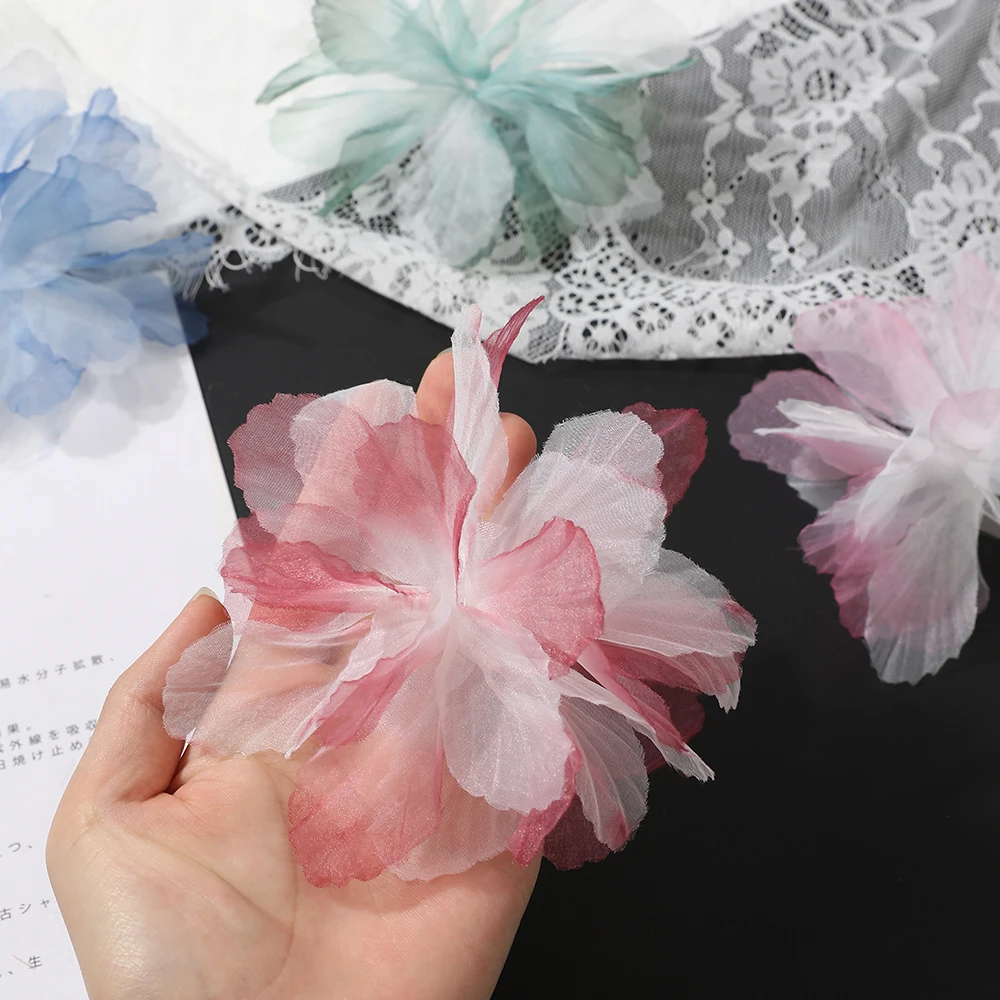 10Pcs 3D Flower Organza Lace Patches Applique For Bridal Wedding Dress Gradient Lace Trim Sewing Accessories Decoration Patches