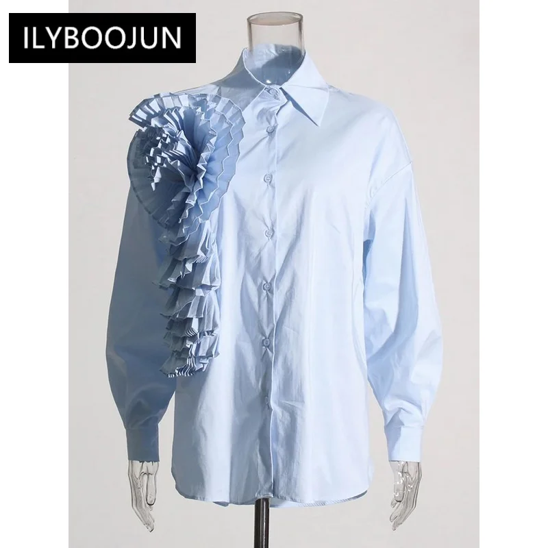 

Solid Patchwork Appliques Shirts For Women Lapel Long Sleeve Spliced Button Casual Blouse Female Fashion Clothing For Women 2023