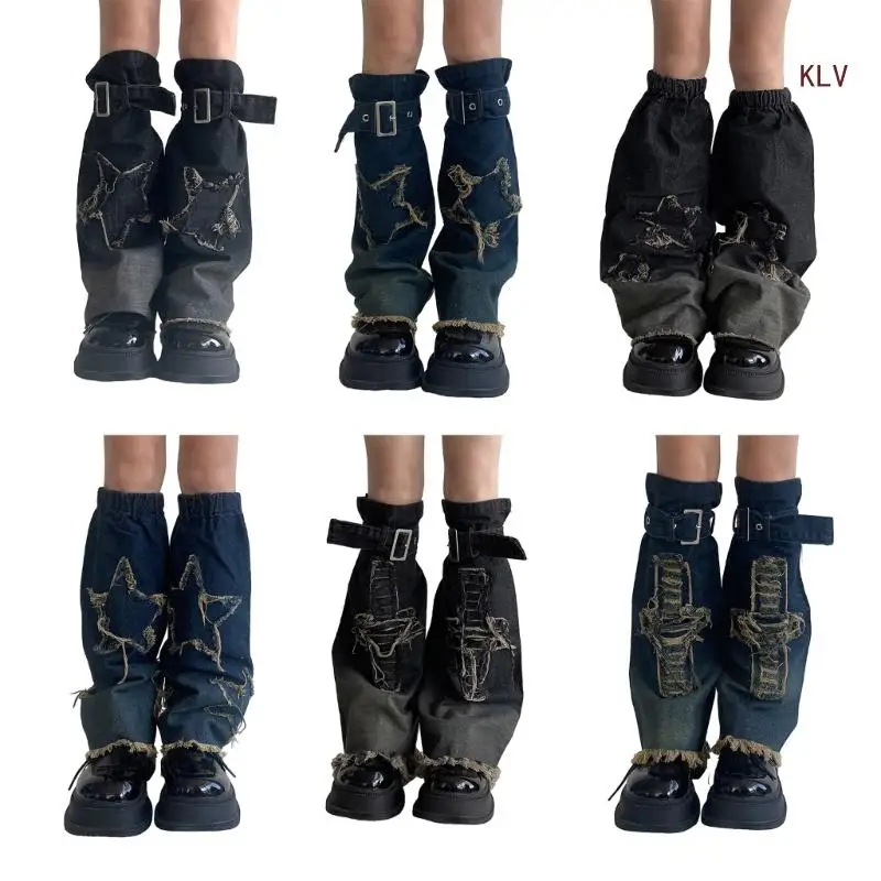 Girls Punk Denims Leg Warmers Y2K Star Jean Flared Leg Sleeves Goth Baggy Cuffs Ankle Heap Socks JK Middle Tube Socks