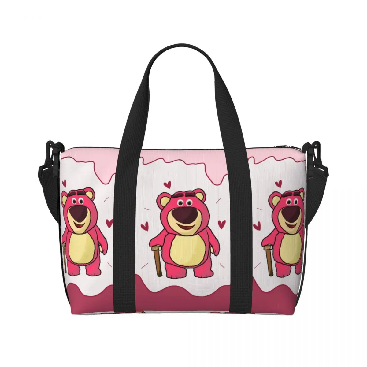 Custom Lotso Huggin Strawberry Bear Heart Beach Tote Bag Women Extra Large Gym Carry On Travel Shopping Bags