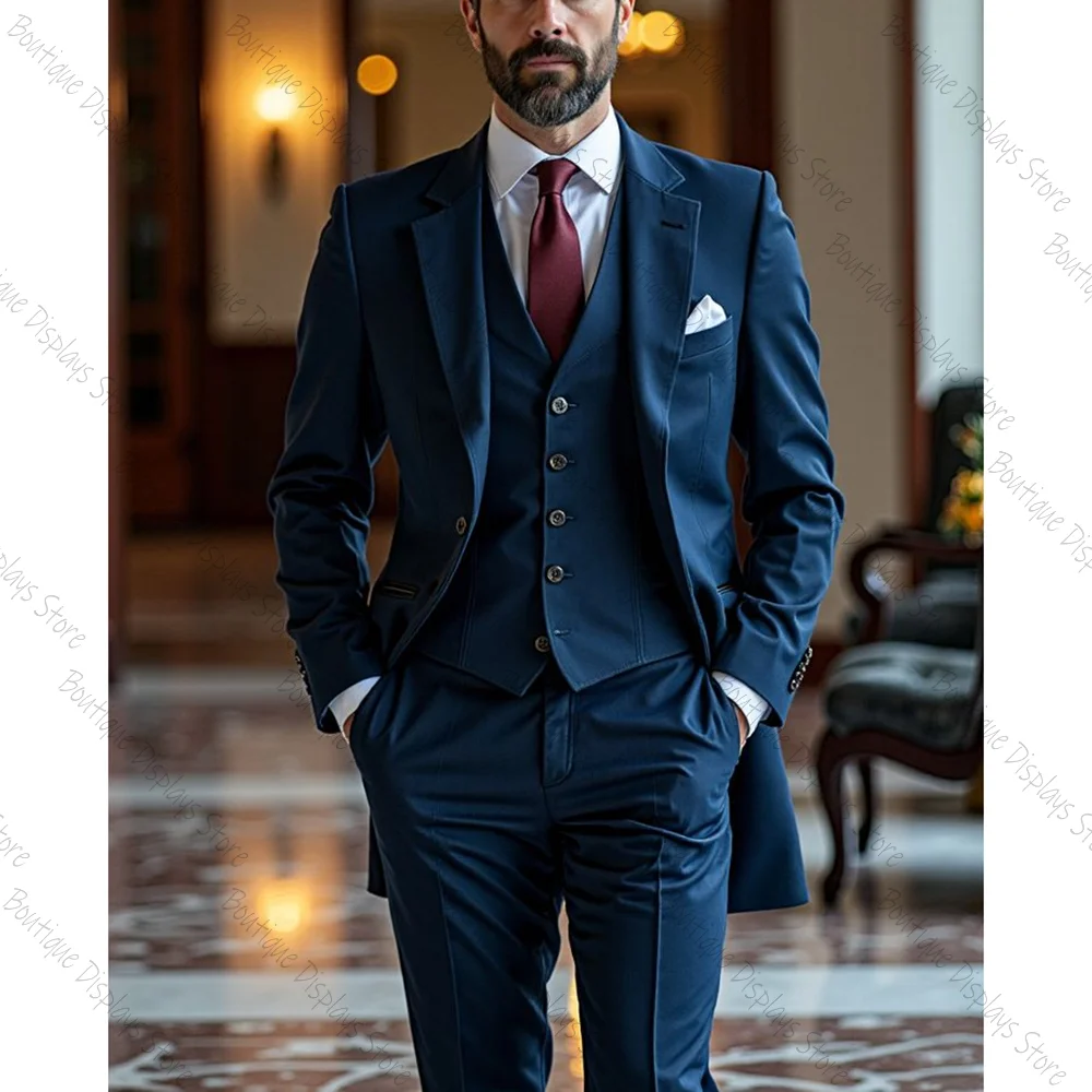 

Navy Blue Men Suit Single-breasted Peak Lapel 3 Pieces(Jacket+Pants+Vest) Male Formal Wedding Party Set