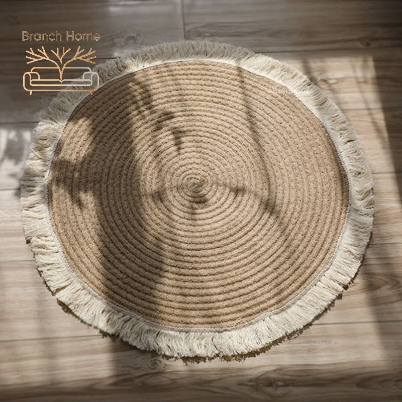 HeMu Round Woven Rugs Handmade Jute Rattan Carpet With Tassel for Bedroom Living Room Vintage Home Decor Floor Mats RoomDoor Mat