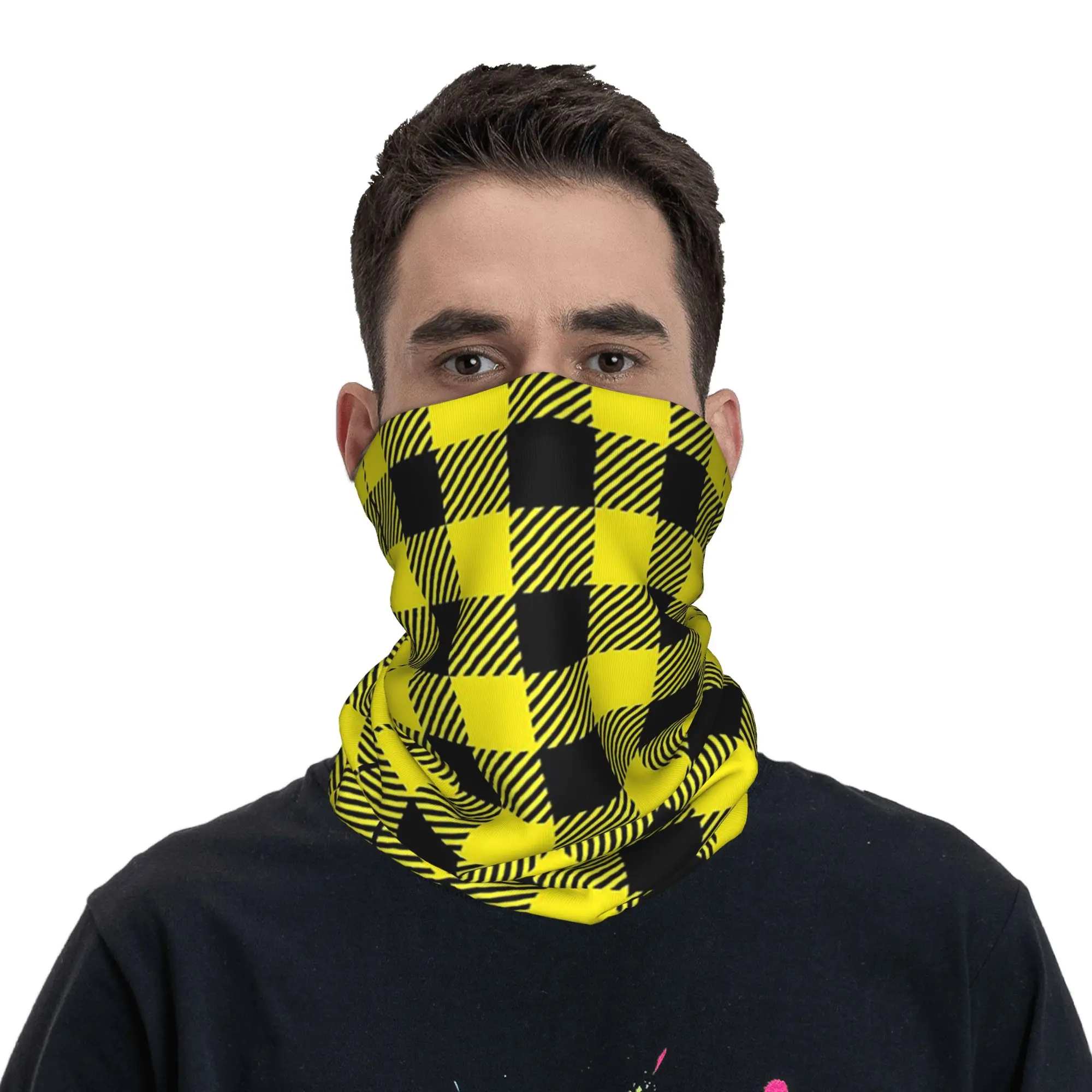 Yellow And Black Buffalo Check Pattern Bandana Neck Gaiter Printed Magic Scarf Multifunction Cycling Scarf Hiking Fishing Unisex view 2