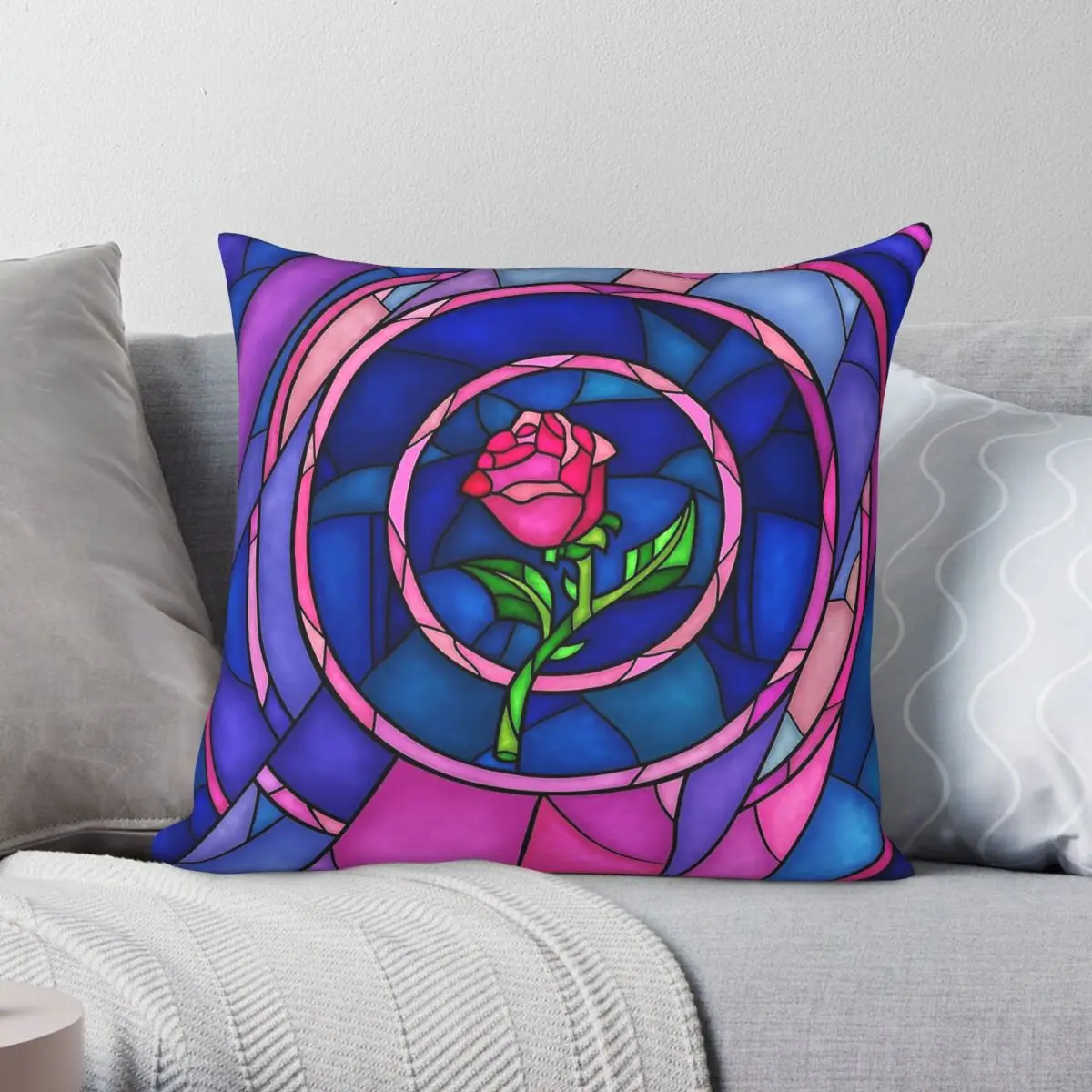 Quadratischer Kissenbezug mit Rosenmotiv aus Buntglasfenster, Polyester, Leinen, Samt, bedruckt, mit Reißverschluss, dekorativ für Sofasitzplätze