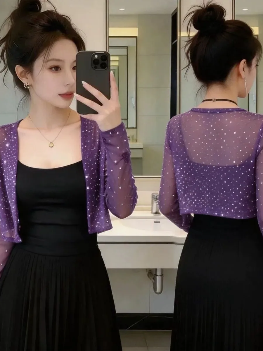 plus Size Women's Star Diamond Embellished Mesh Cardigan Shoulder Wrap Short Lightweight Breathable Comfortable Fashionable