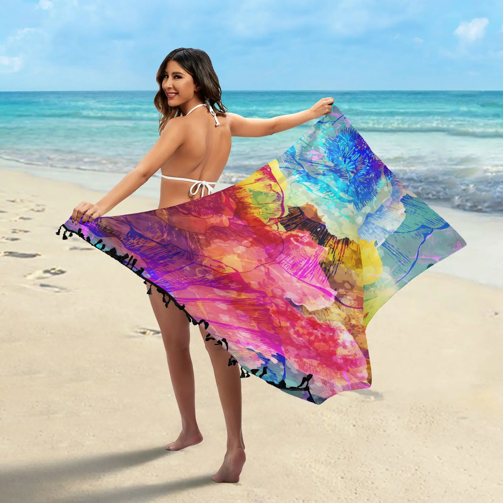 Colorful Rainbow Flowers Sarong Cover Up For Women Beach Bathing Suit Wrap Skirt With Tassel Dress Summer Swimwear Scarf Towel