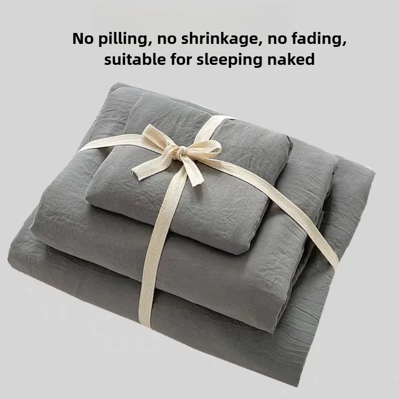 A-class washed cotton bed four piece set solid color linen with bed sheet, down duvet cover, pillowcase, bedding set