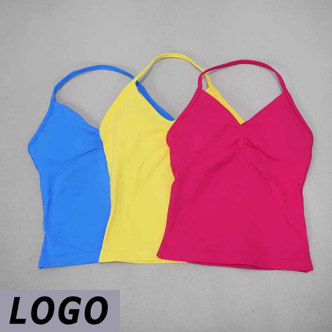 DF Women Seamless Longline Strappy Yoga Tank Top V‑Neck Vest With Removable Pads Breathable Gym Workout Running Fitness Sports